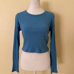Zara Women's Blue Ribbed Long Sleeve Crop Top - Size L